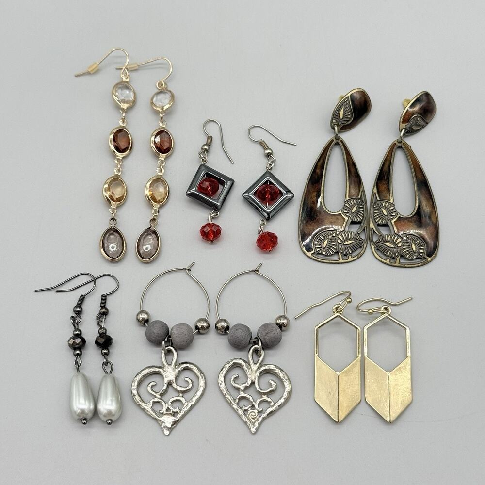 Lot 6 Pairs Vintage Modern Dangle Drop Hoop Earrings Gold Silver Tone Geometric